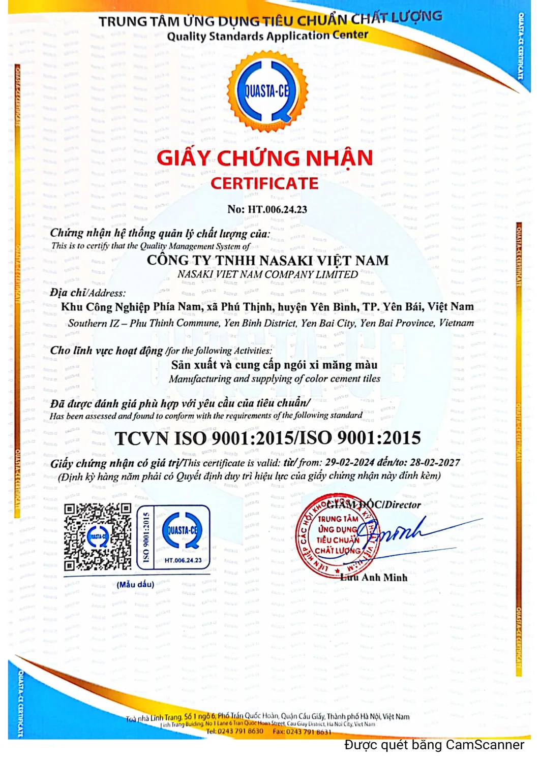 Chứng nhận ISO 9001:2015 – Ngói xi măng màu NASAKI