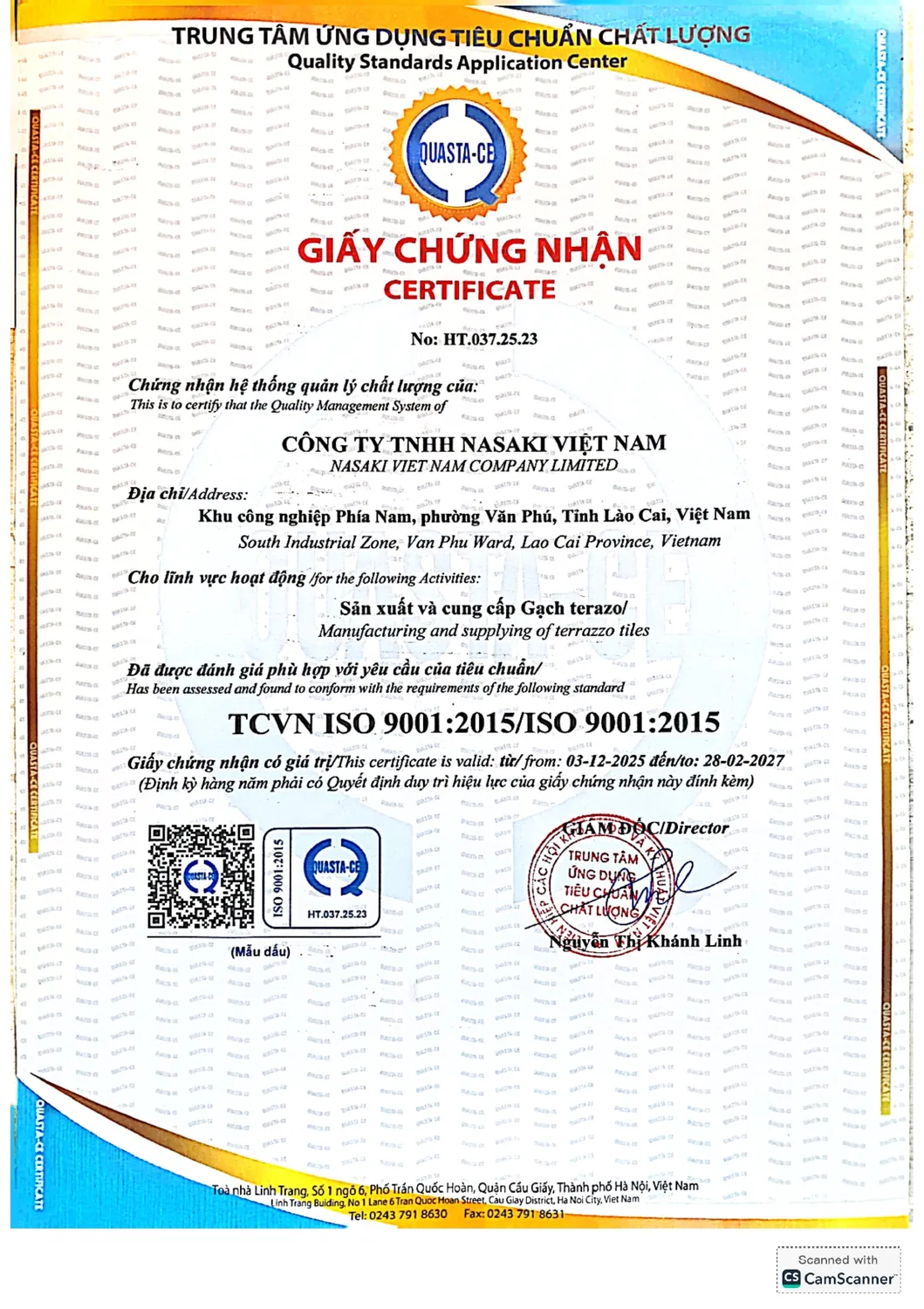Chứng nhận ISO 9001:2015 – Gạch Terrazzo NASAKI