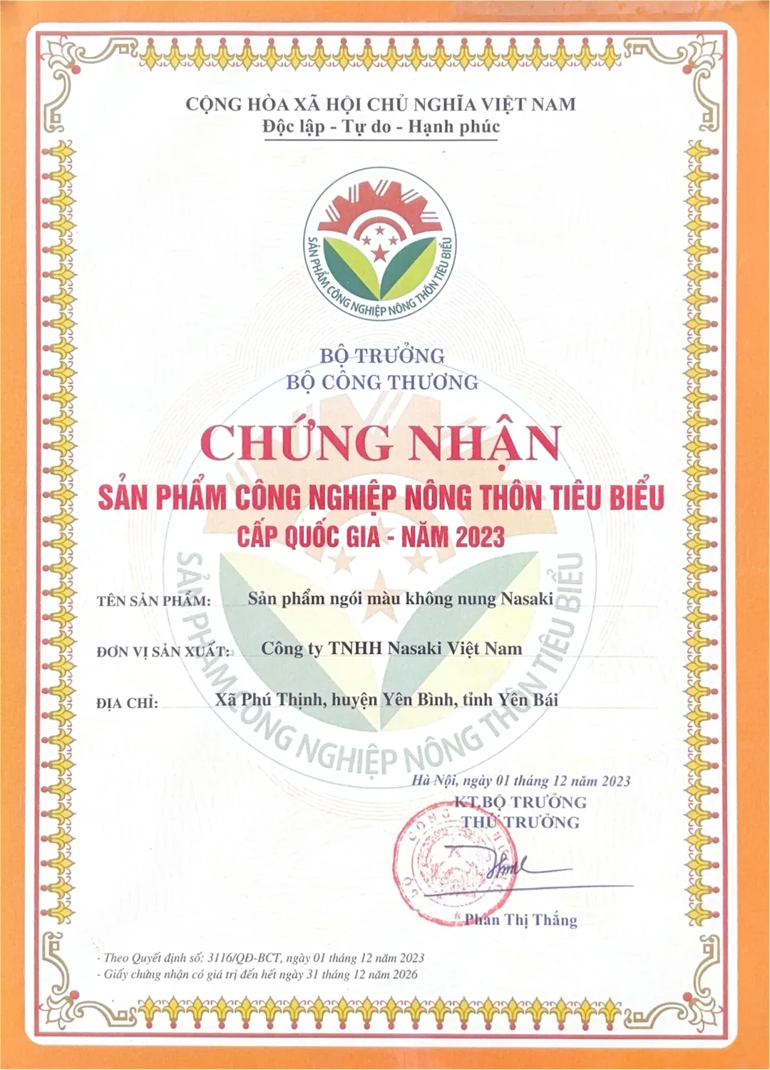 Chứng nhận Sản phẩm Công nghiệp Nông thôn Tiêu biểu Cấp Quốc gia 2023