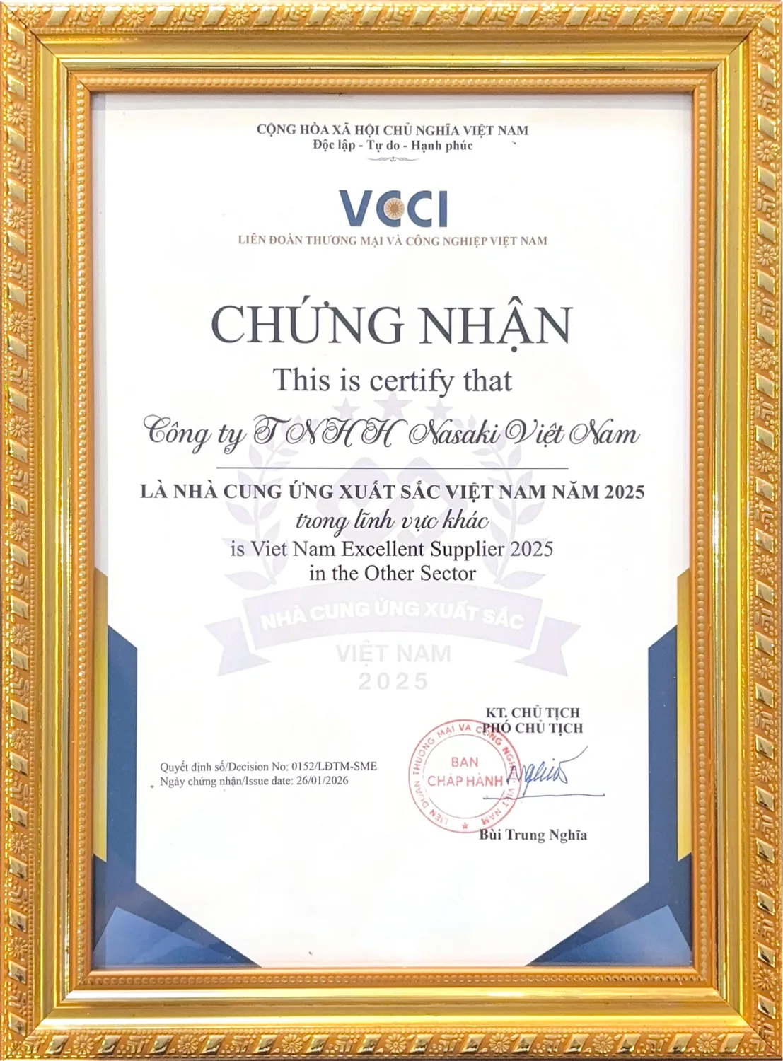 Chứng nhận Nhà cung ứng xuất sắc Việt Nam 2025