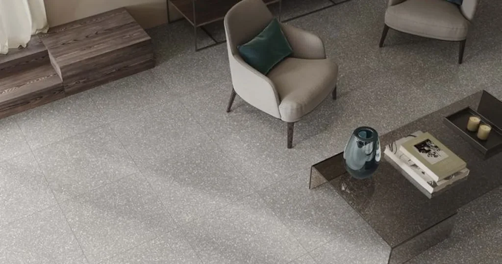 Phòng khách phong cách tối giản lát sàn Terrazzo tông xám nhạt
